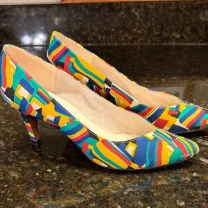 VTG 80s Life Stride Multicolor Geometric Pointed-Toe Pumps